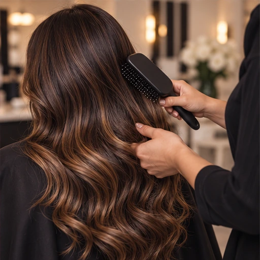 Long, softly waved hair being styled with a brush