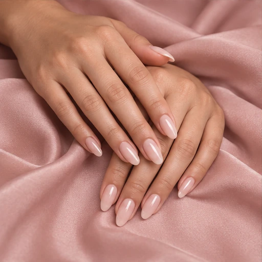 Hands with glossy, softly rounded nude-pink nails on blush fabric